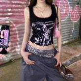 Tops con estampado gótico, top corto estético Y2K, top de encaje sin mangas, camisola, chaleco Harajuku, ropa de calle, camiseta sin mangas negra, ropa para mujer